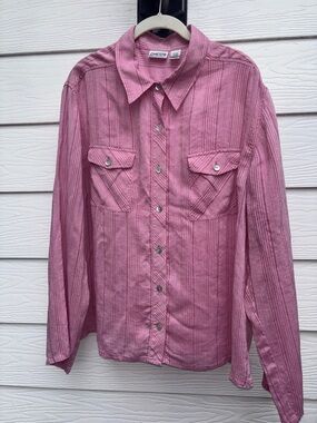 Chicos Silk Pink Striped Minimalist Blouse Shirt Button Down Size XL 16